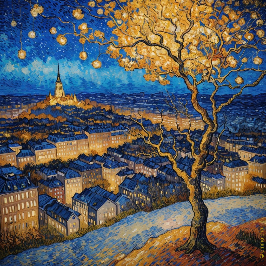 Vibrant Cityscape with Autumn Tree and Twilight Sky