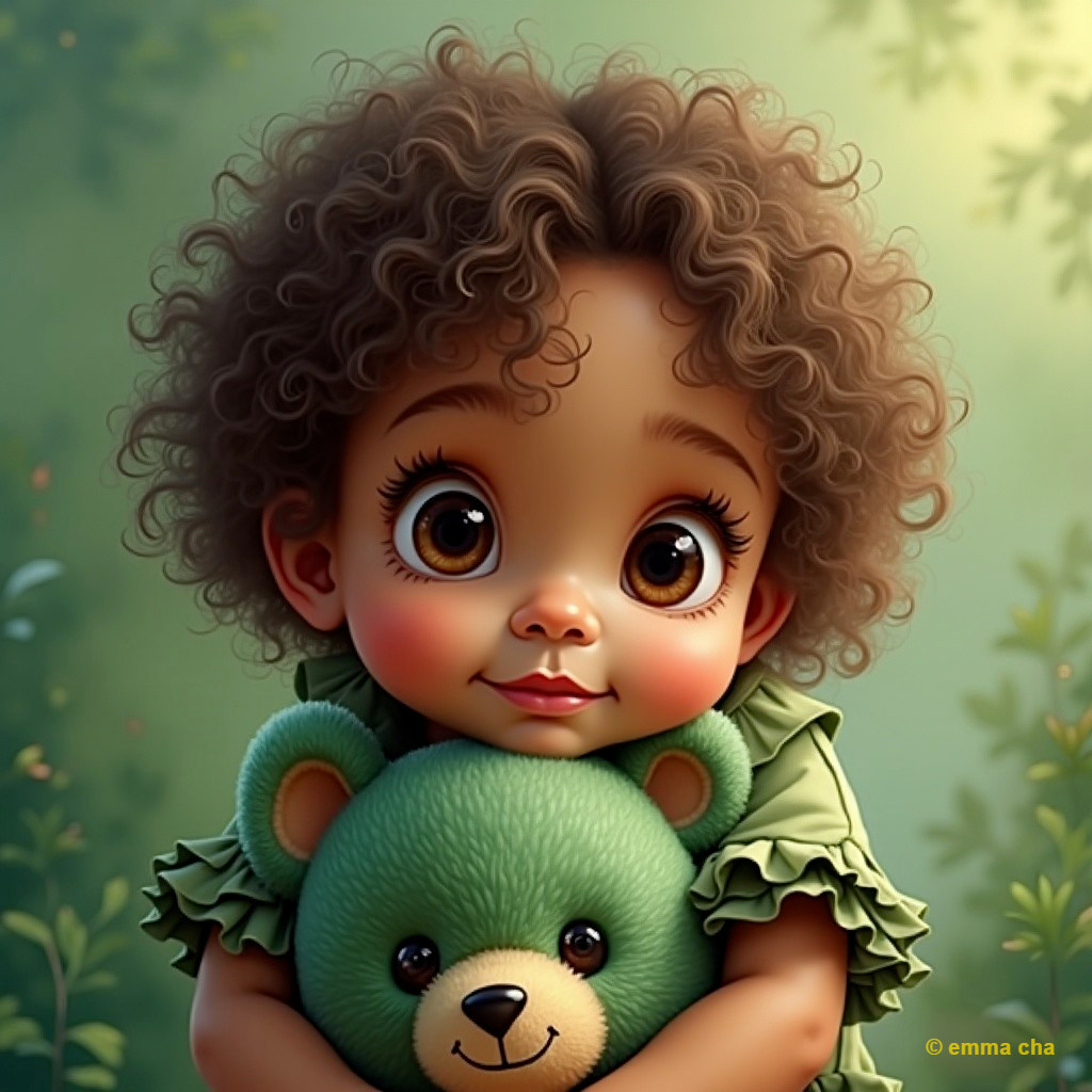 Charming Girl with Plush Teddy Bear in Forest Setting