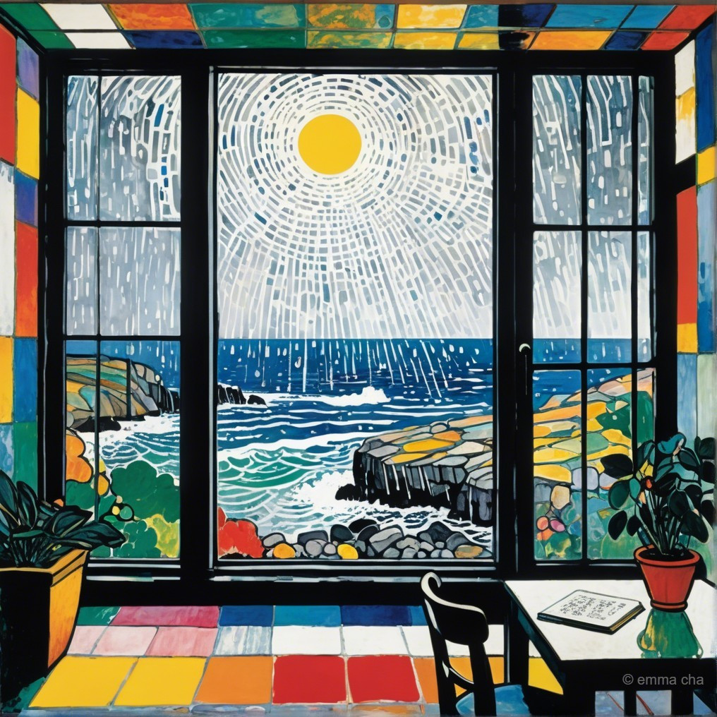 Vibrant Stained-Glass Window Overlooking Coastal Scene