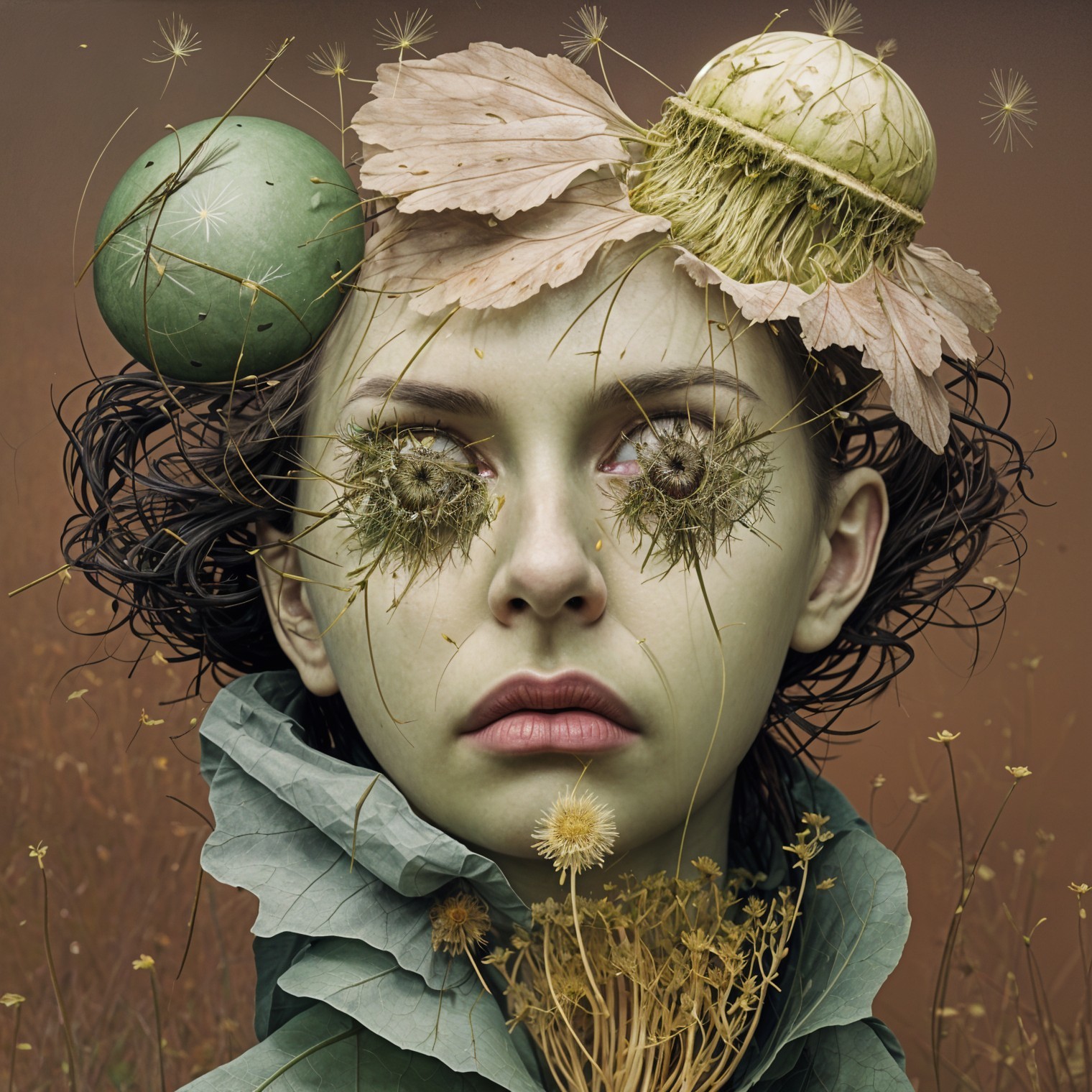 Surreal portrait of a woman with botanical elements