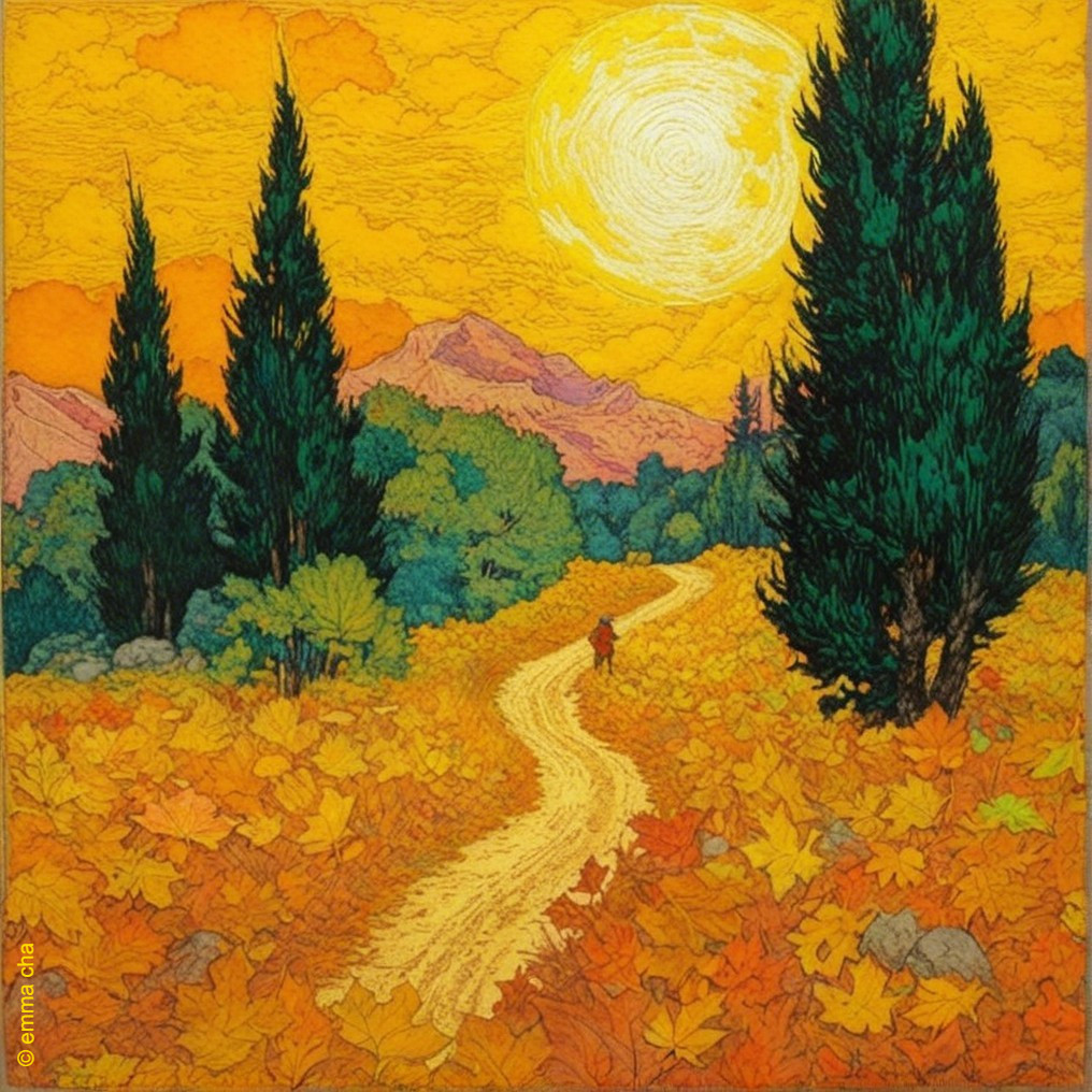 Vibrant Autumn Landscape with Winding Pathway and Trees