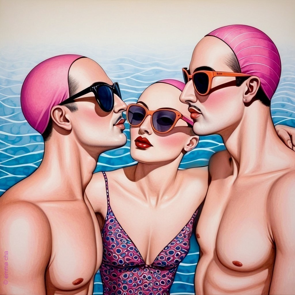 Stylized Figures in Colorful Swimwear by Pool