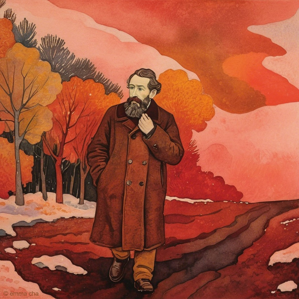 Thoughtful Figure on Winding Path in Autumn Landscape