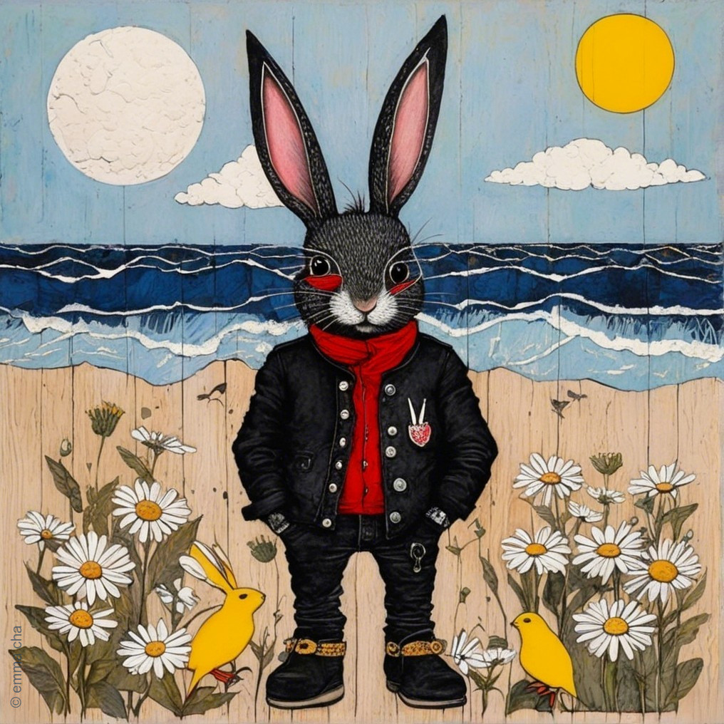 Whimsical Rabbit Illustration on a Serene Beach