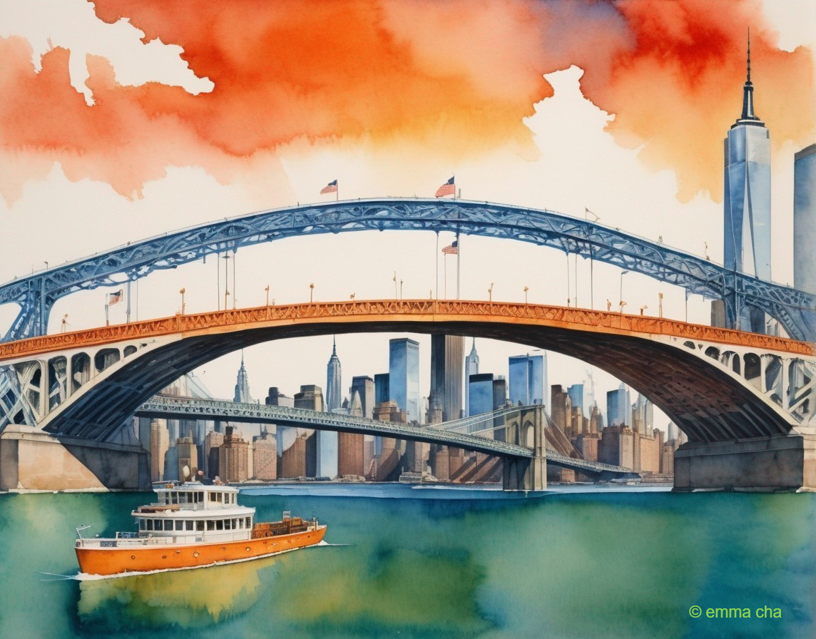 Vibrant Watercolor of New York City Skyline and Bridges