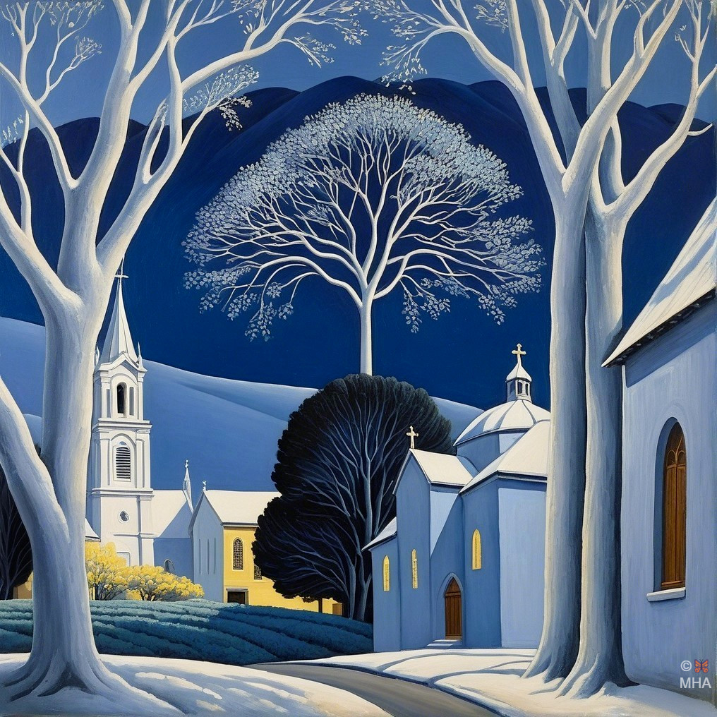 Serene Winter Landscape with Church and Mountains