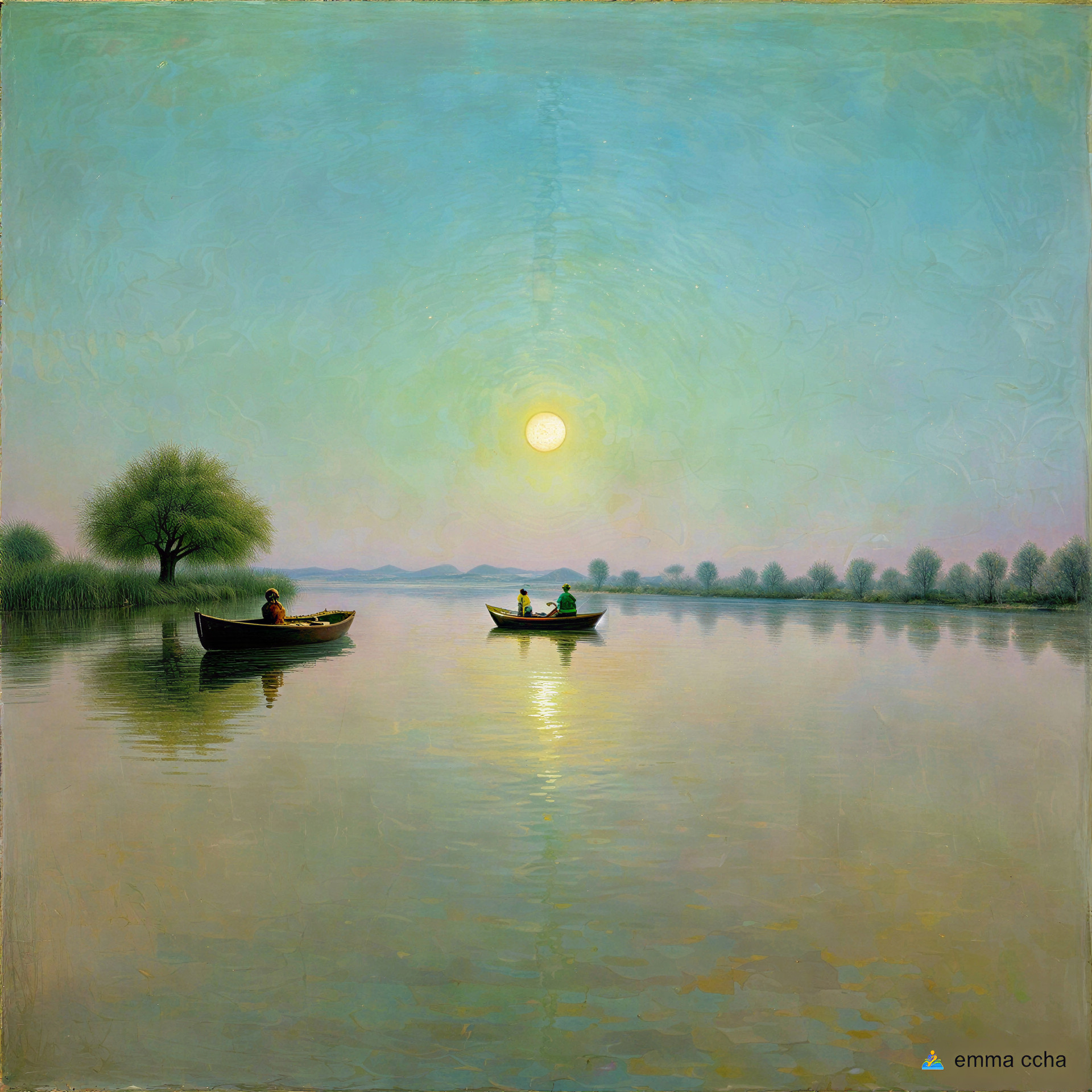 Sunset Over Serene Lake with Boats and Silhouetted Trees
