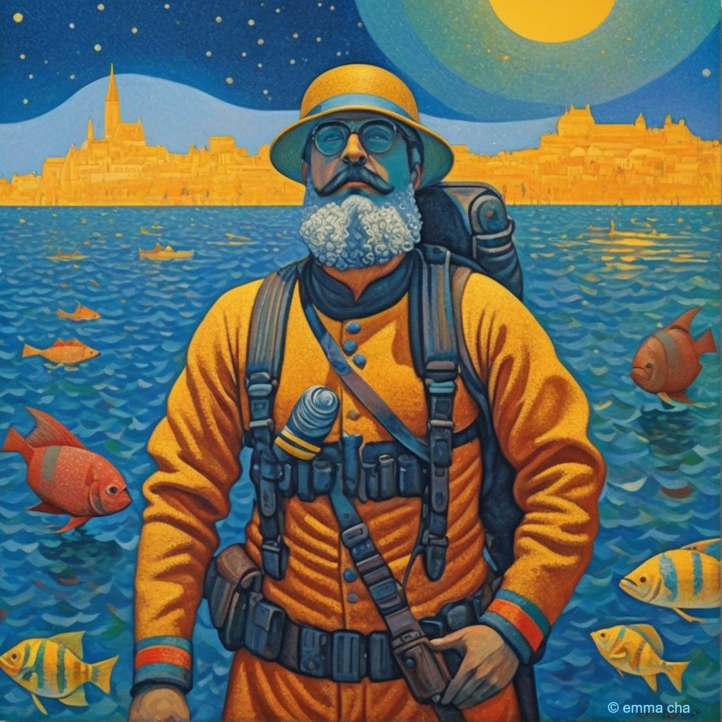 Bearded Man in Diving Suit by Vibrant Sea and Skyline