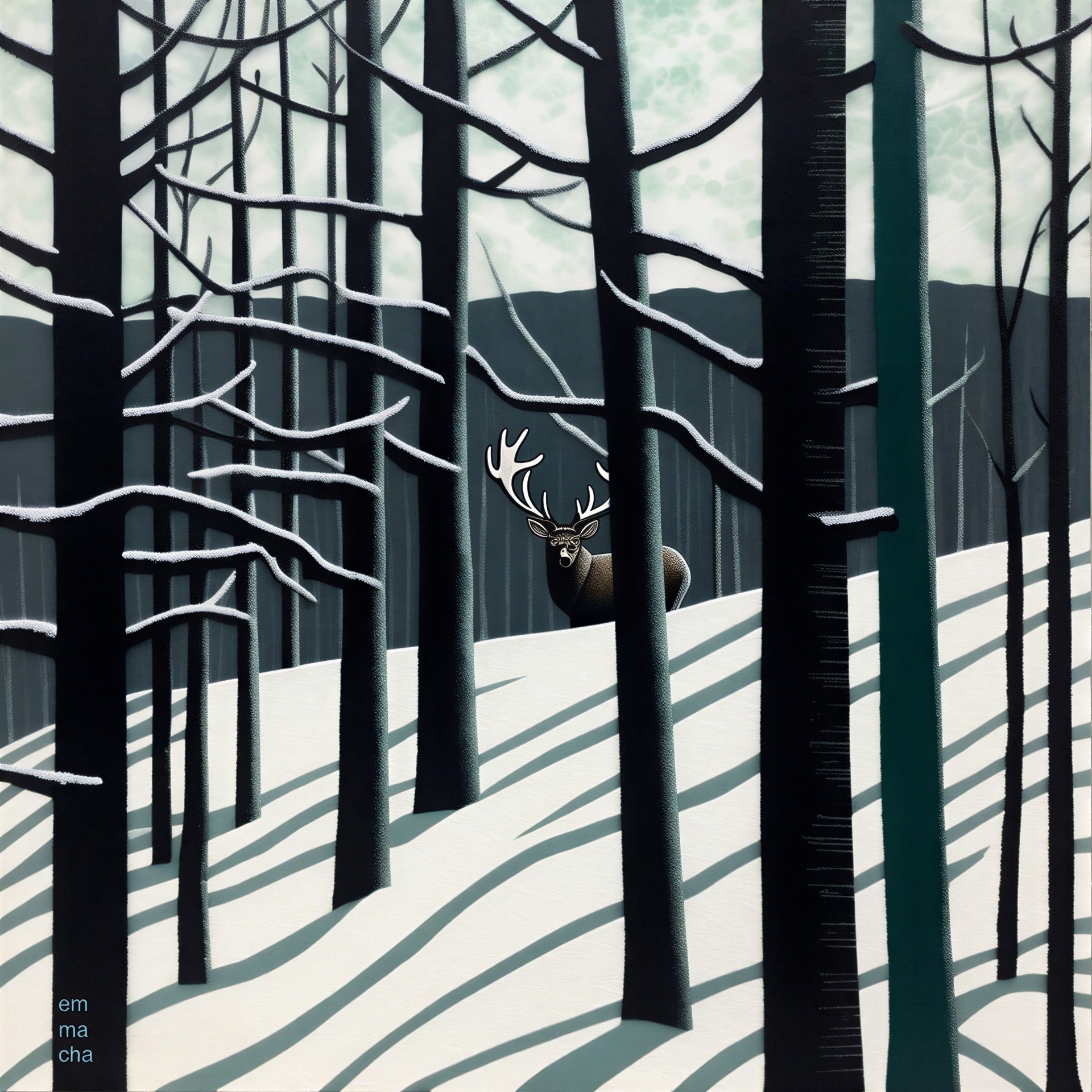 Minimalist Digital Painting of Black Deer in Snowy Forest