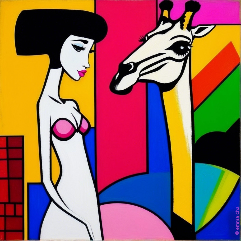 Colorful Scene with Female Figure and Giraffe