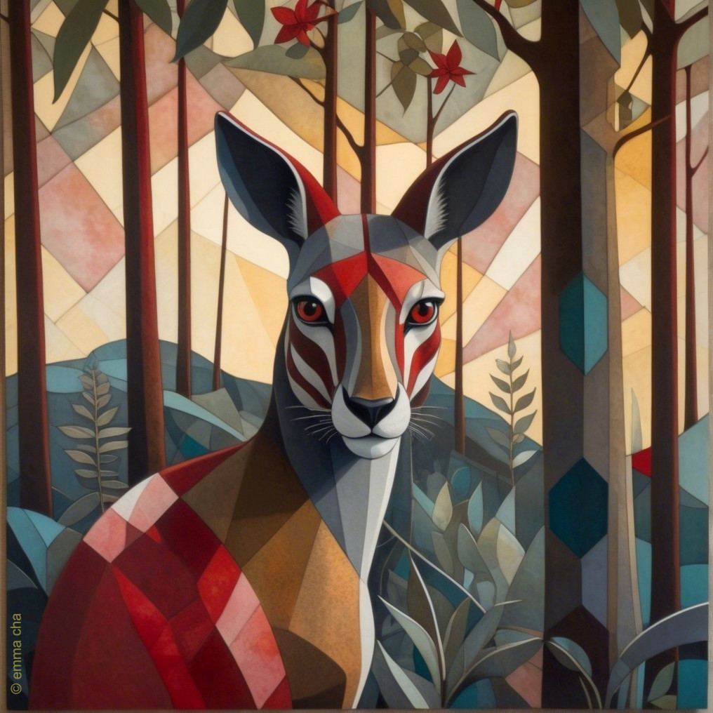 Stylized deer with geometric shapes and muted colors