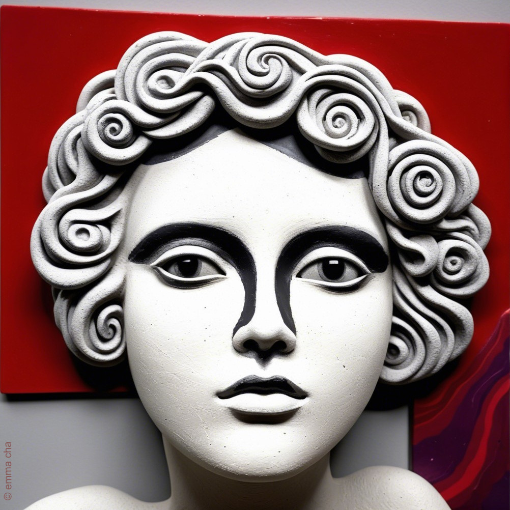Stylized sculpture of a face with curly hair and accents