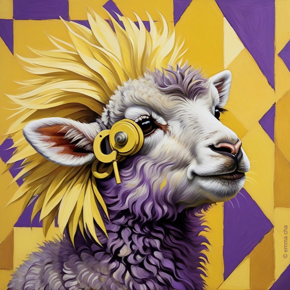 Stylized Sheep with Purple and Yellow Fur Design