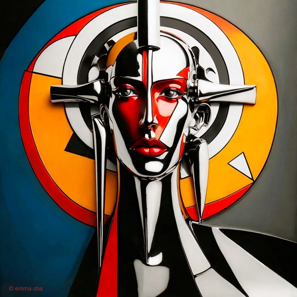 Futuristic Figure with Metallic Features and Geometric Halo