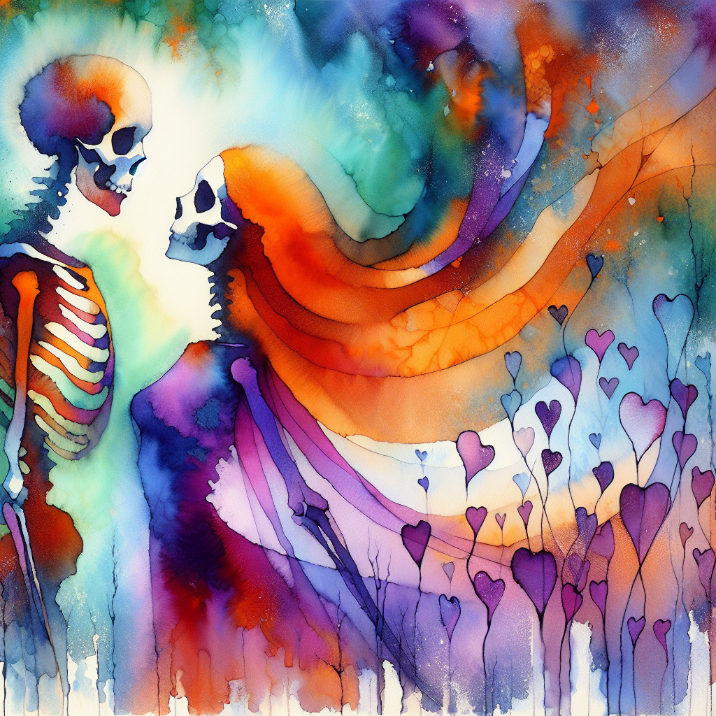 Watercolor Scene of Skeletons in a Dreamlike Setting
