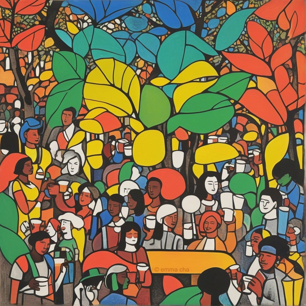 Abstract Artwork of Colorful Figures in Lush Setting