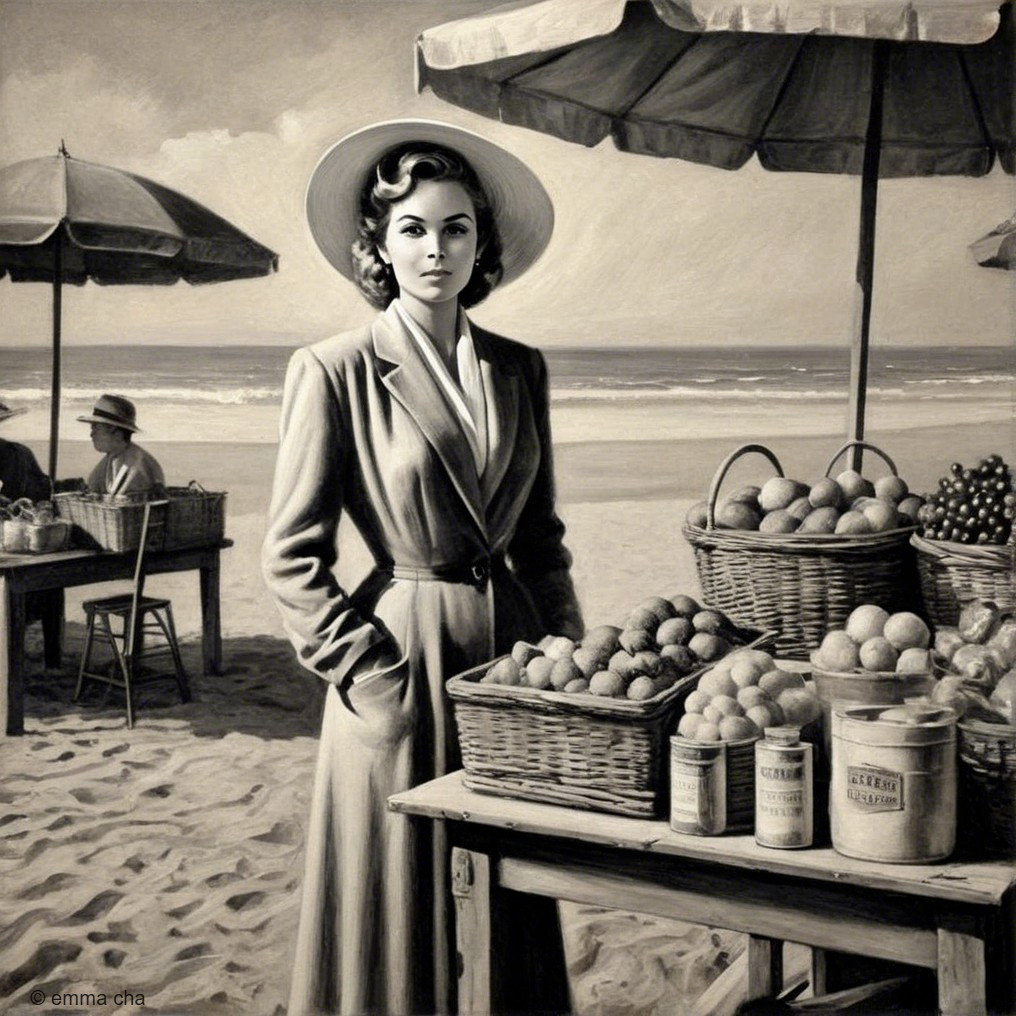 Vintage Beach Market Scene with Stylish Woman