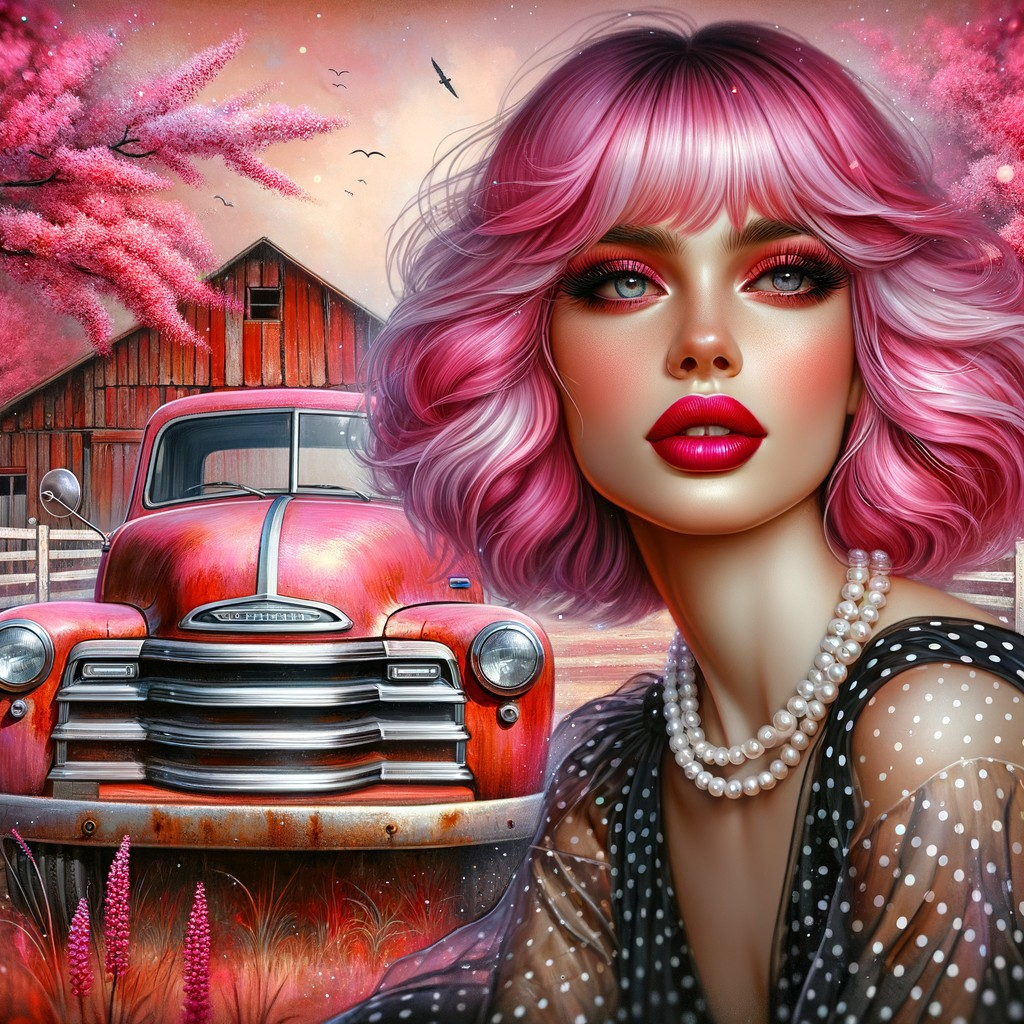 Stylized portrait of a woman with pink hair and pearls