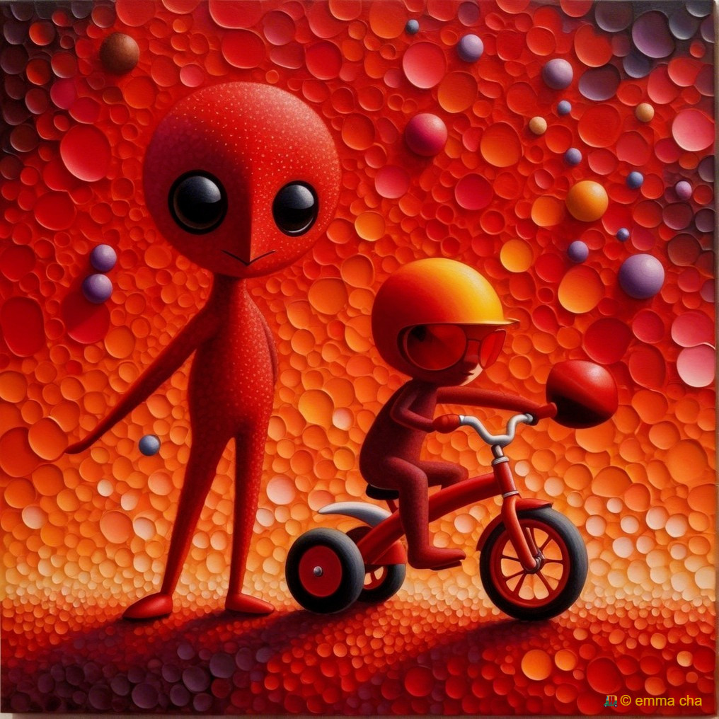 Stylized Figures in Vibrant Red and Orange Environment