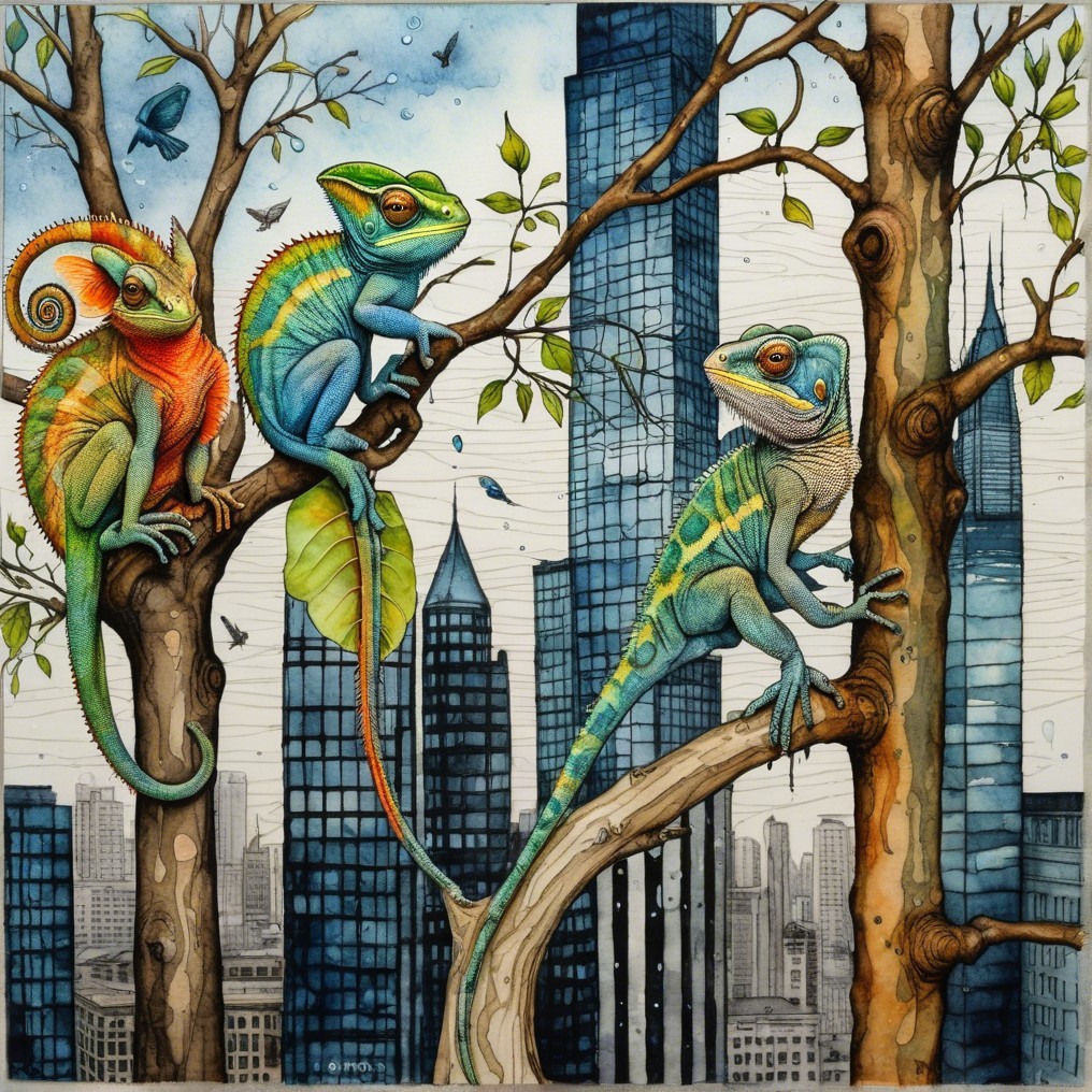 Colorful Lizards Against a City Skyline Background
