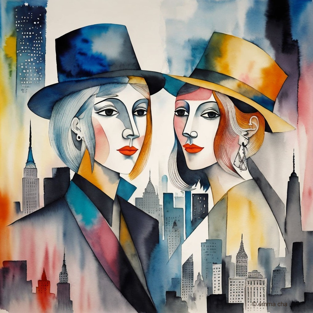 Stylish Women in Tailored Suits Against Cityscape