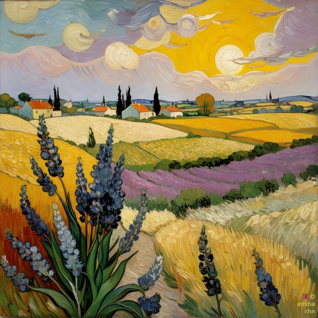Vibrant Landscape with Rolling Hills and Blue Flowers