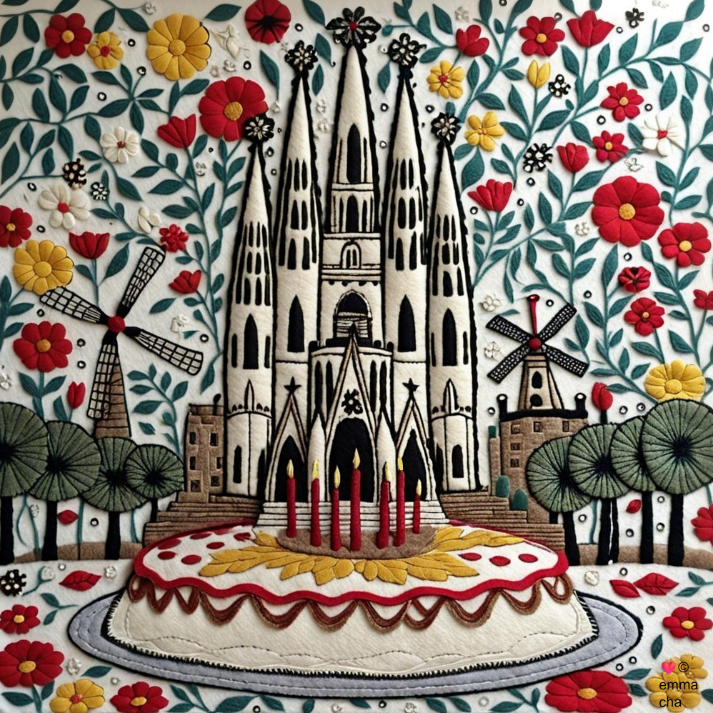 Gothic Cathedral Embroidery with Cake and Windmills