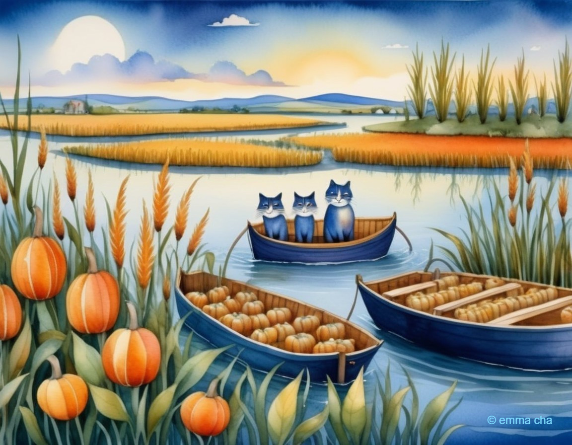 Anthropomorphic Cats in Boats Among Wheat Fields