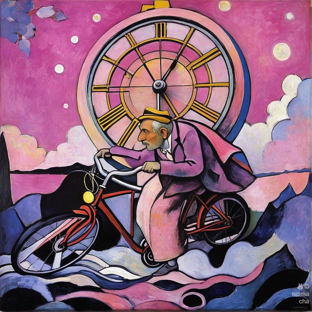 Surreal Painting of Elderly Man on Bicycle with Clock