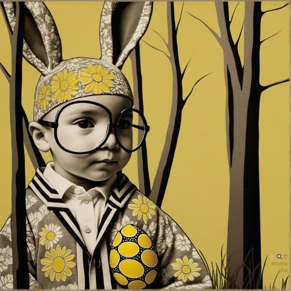 Whimsical Spring Illustration of Child with Bunny Ears