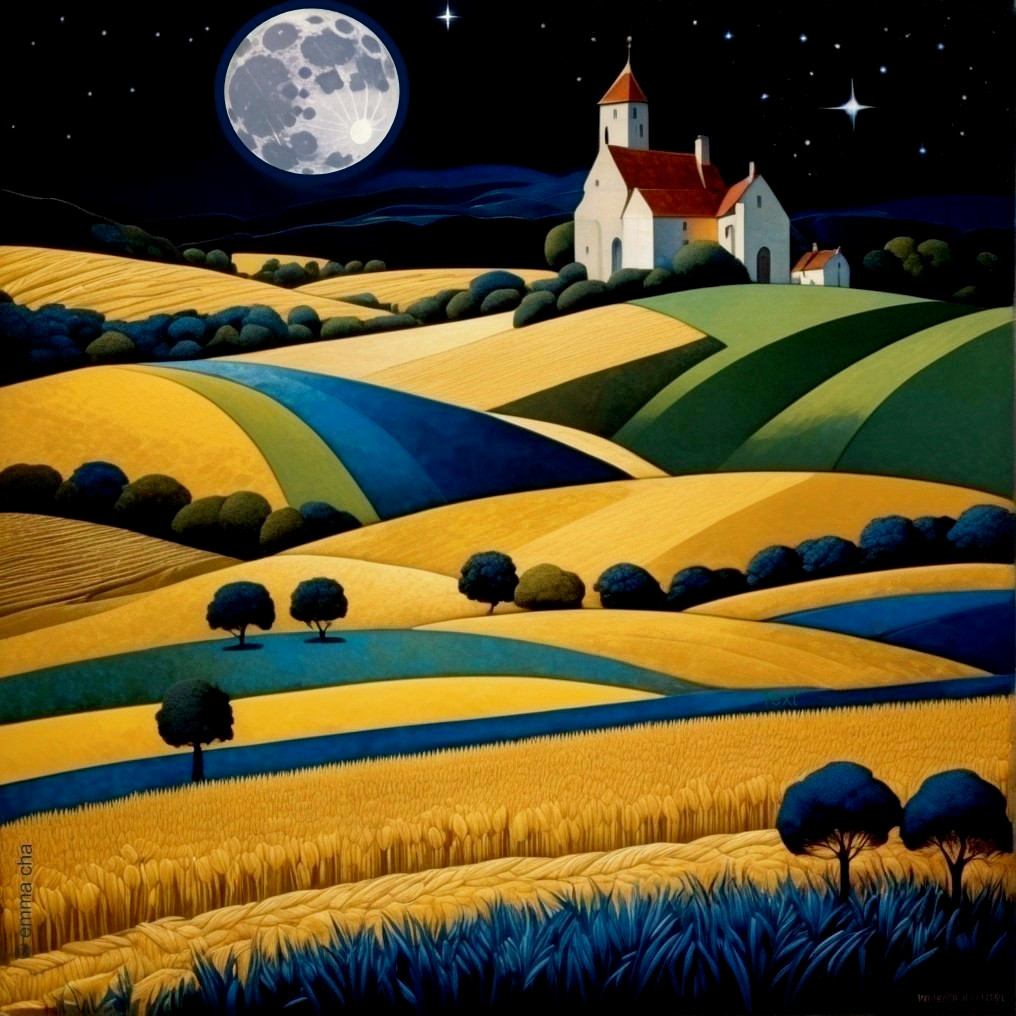 Nighttime Landscape with Hills and Church under Moonlight