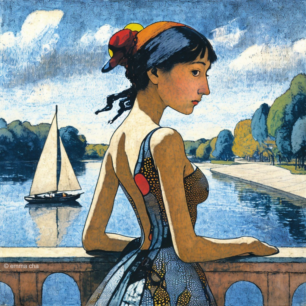 Contemplative Young Woman by Serene Riverside Scene