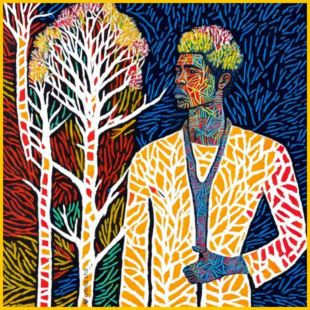 Man Silhouette with Colorful Trees and Patterns
