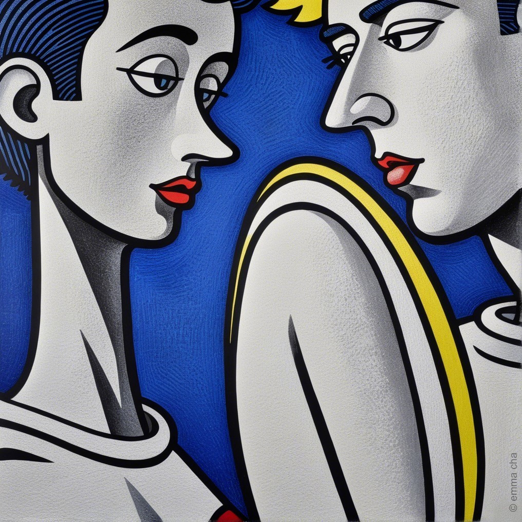 Stylized Figures with Bold Features on Blue Background