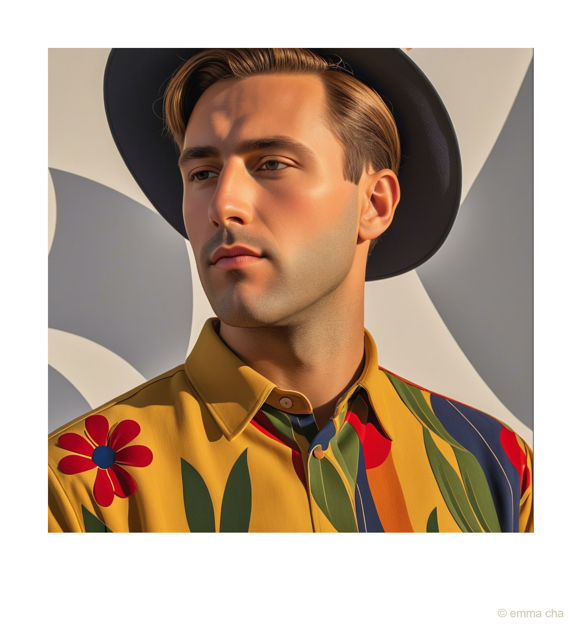 Young man in vibrant floral shirt with stylish hat