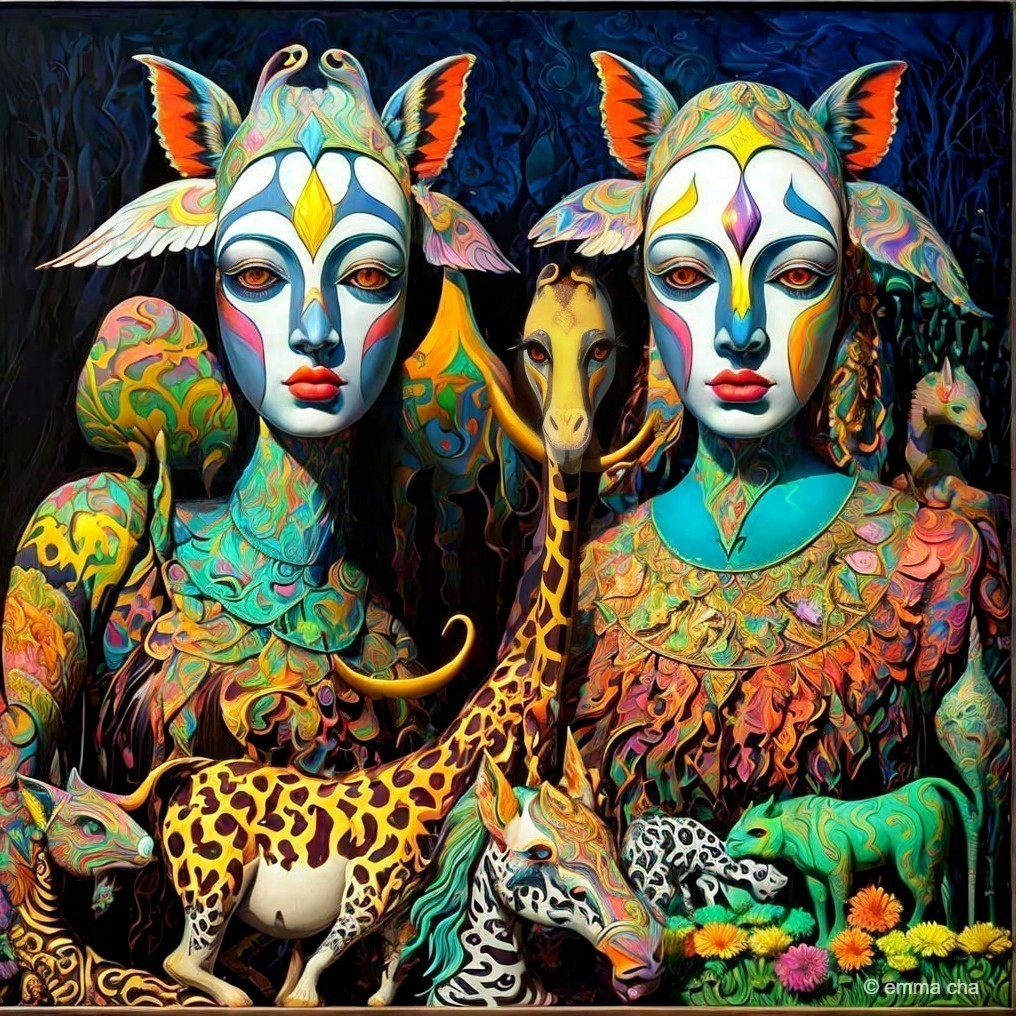 Ethereal Figures with Colorful Faces in Jungle Setting