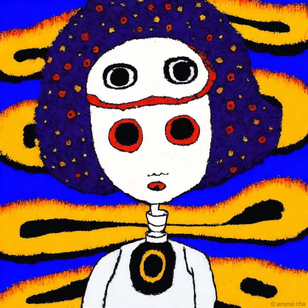 Stylized Figure with Mask-Like Face and Vibrant Background