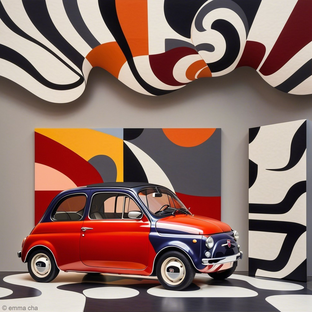 Vintage Car in Modern Artistic Setting with Abstract Patterns