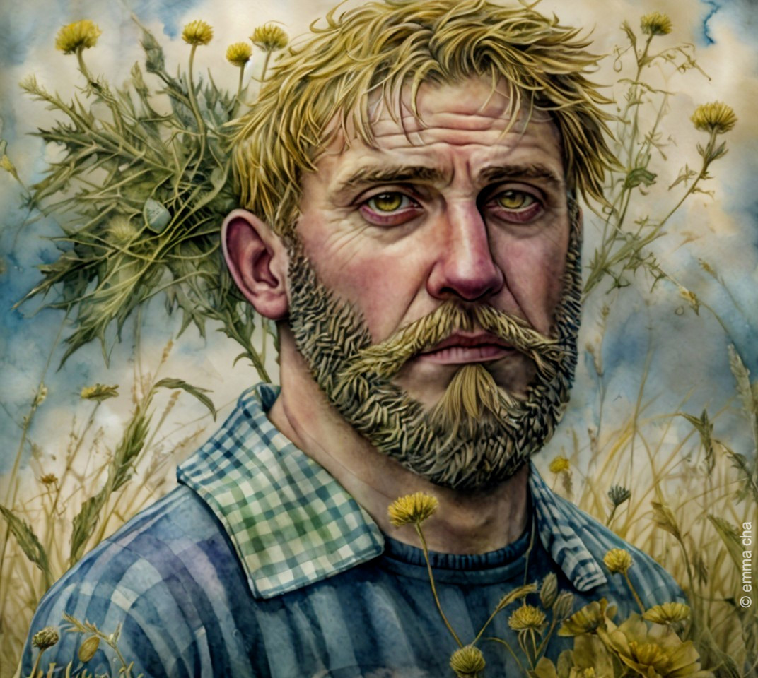 Pensive Man in Nature with Beard and Checked Shirt