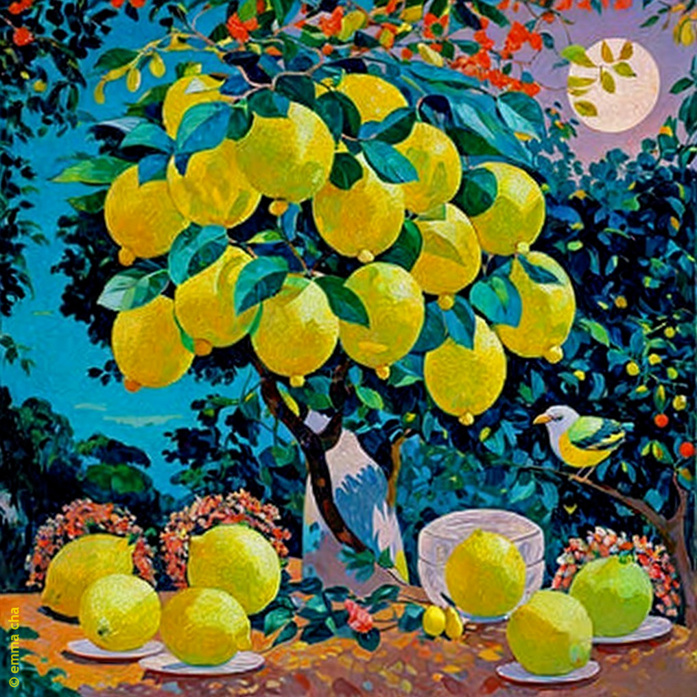 Lemon Tree Scene with Moonlit Background and Flowers
