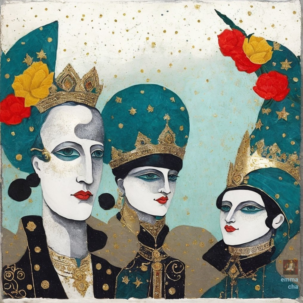 Elegantly Dressed Figures with Intricate Headpieces