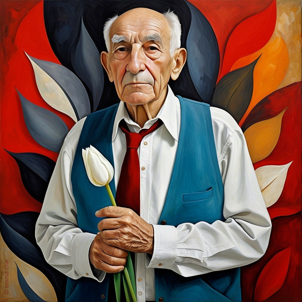 Elderly Man in Blue Vest with White Tulip Portrait