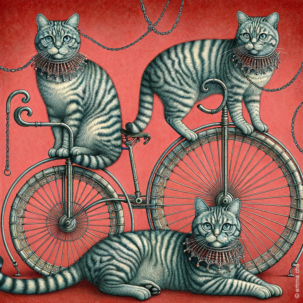 Three Striped Cats on Vintage Bicycle with Red Background