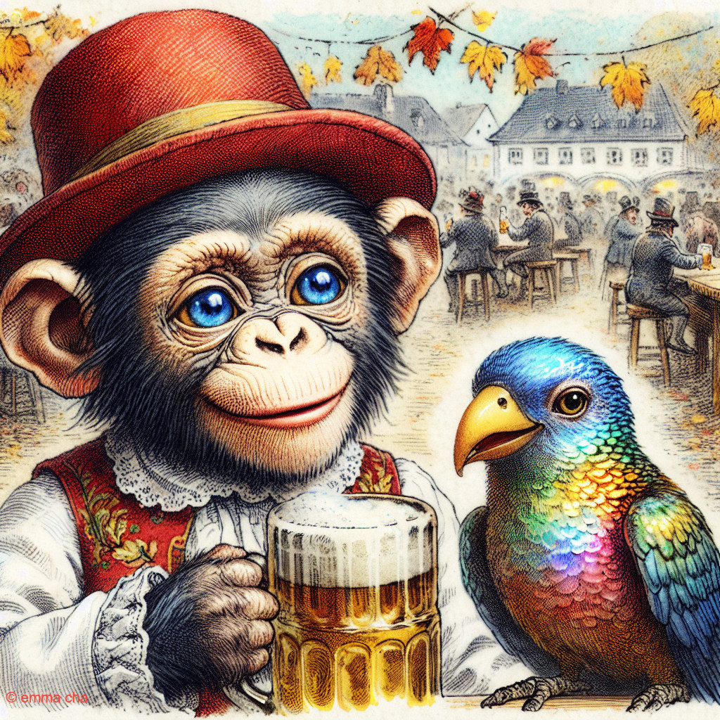 Cheerful monkey with beer in festive outdoor scene
