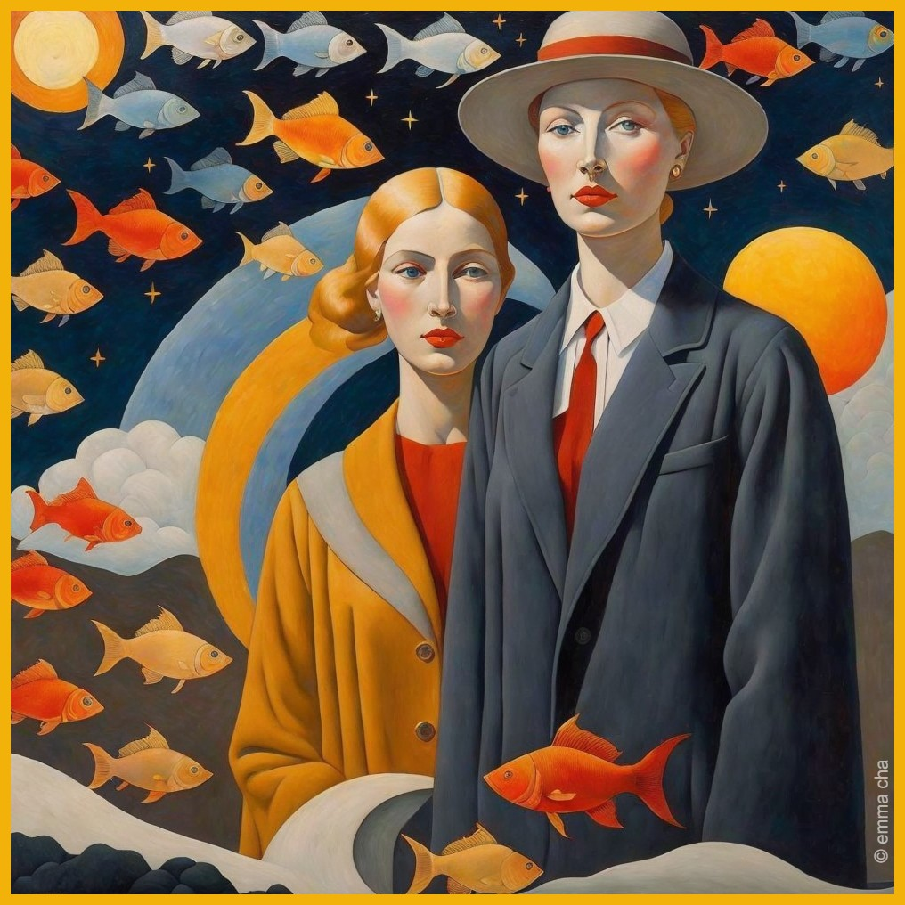 Elegant figures under a surreal starry night sky
