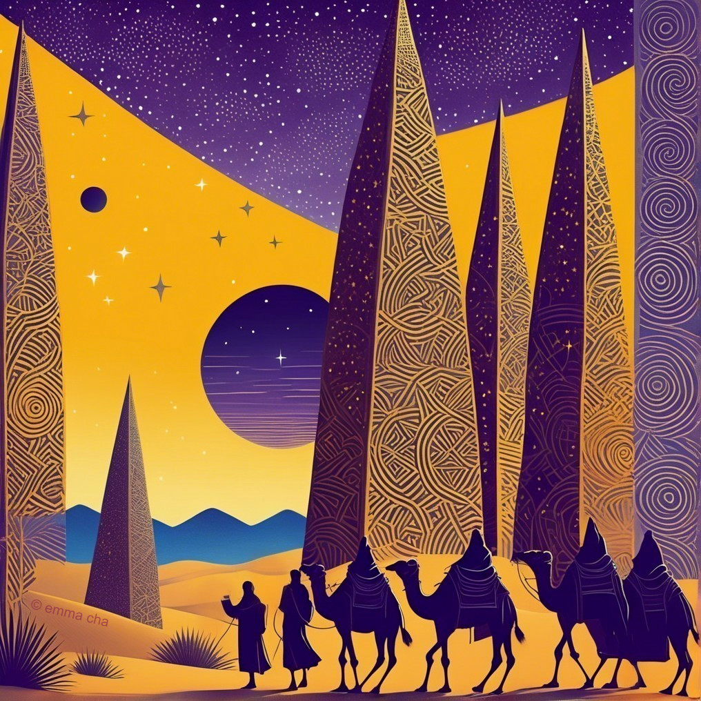 Surreal Desert Scene with Pyramids at Dusk