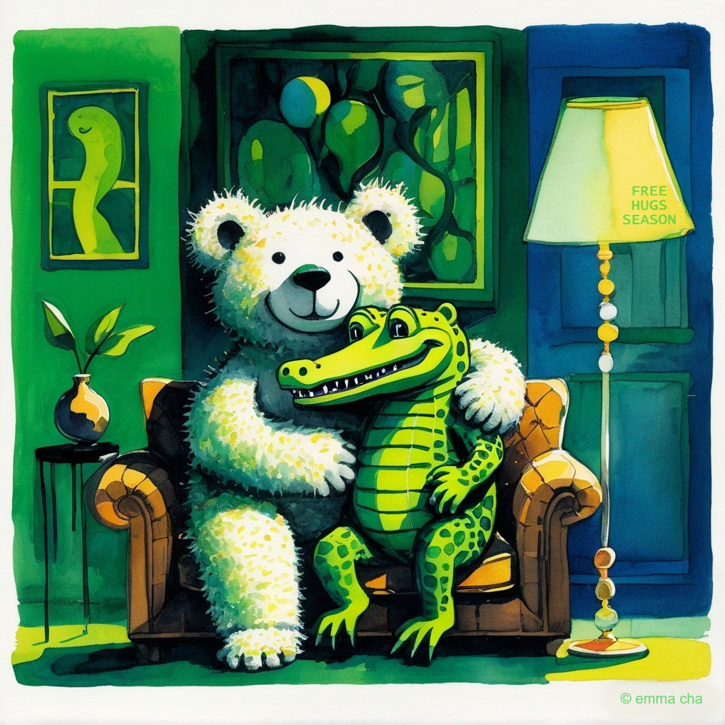 Fluffy Polar Bear on Armchair with Crocodile Plush