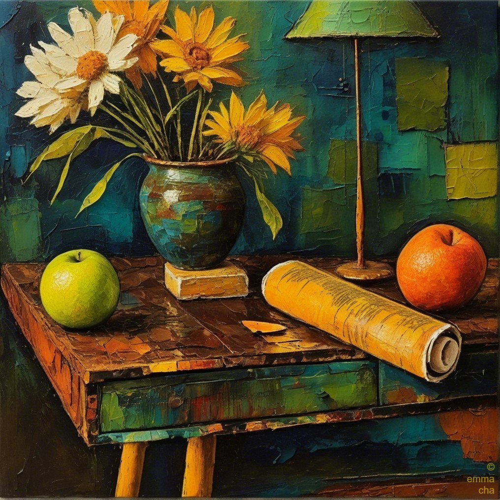 Vibrant Still Life with Flowers and Fruits on Table
