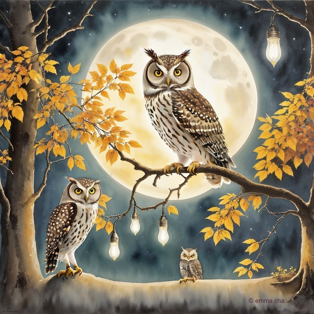 Owls on a Branch with Autumn Leaves and Full Moon