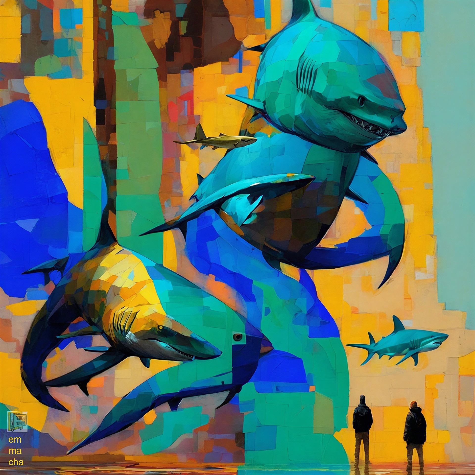 Vibrant Oil Painting of Fish in Twisted Ocean Scene